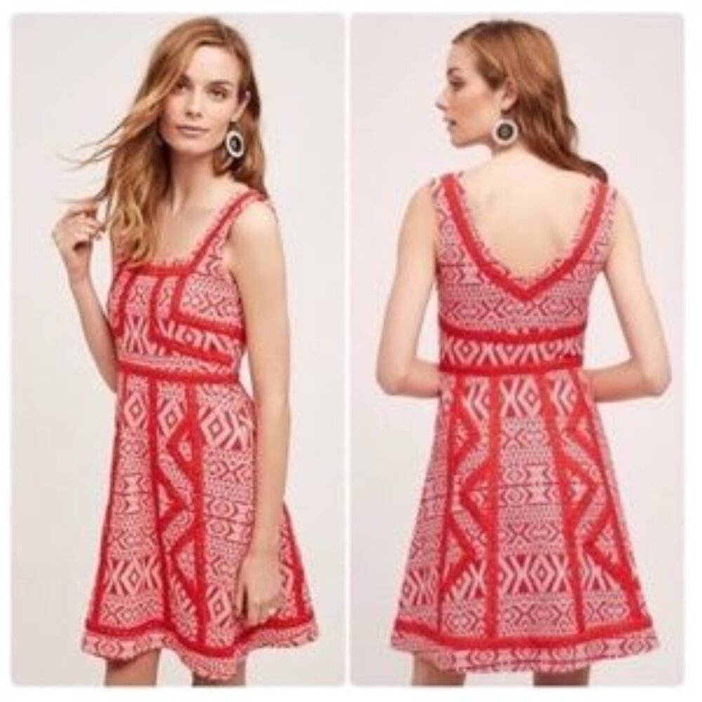 Anthropologie Red and White Patterned Sleeveless Fit-and-Flare Dress